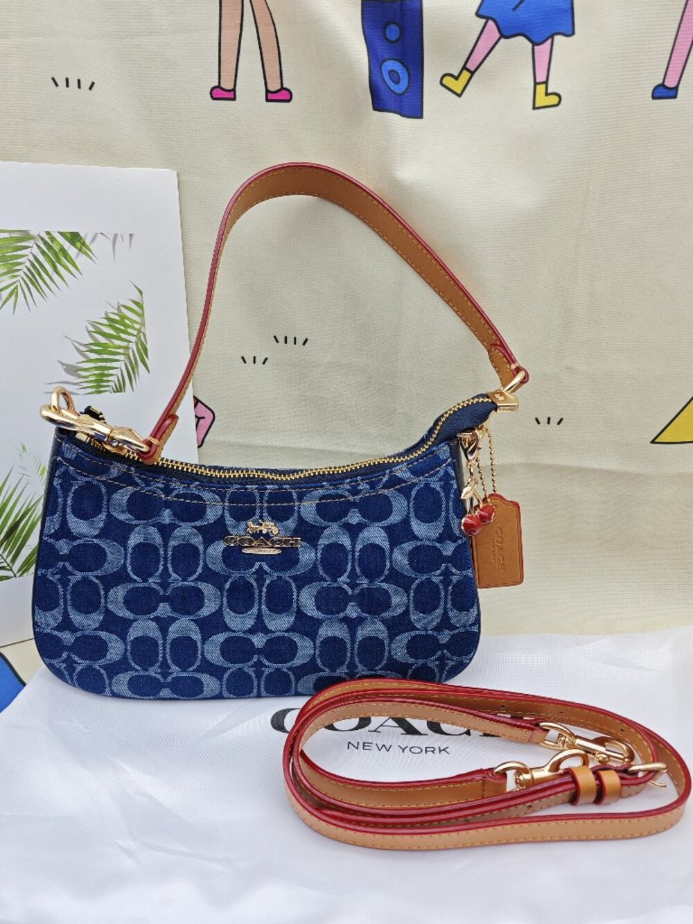 Coach Blue Signature Denim Mini Crossbody with Tan Strap